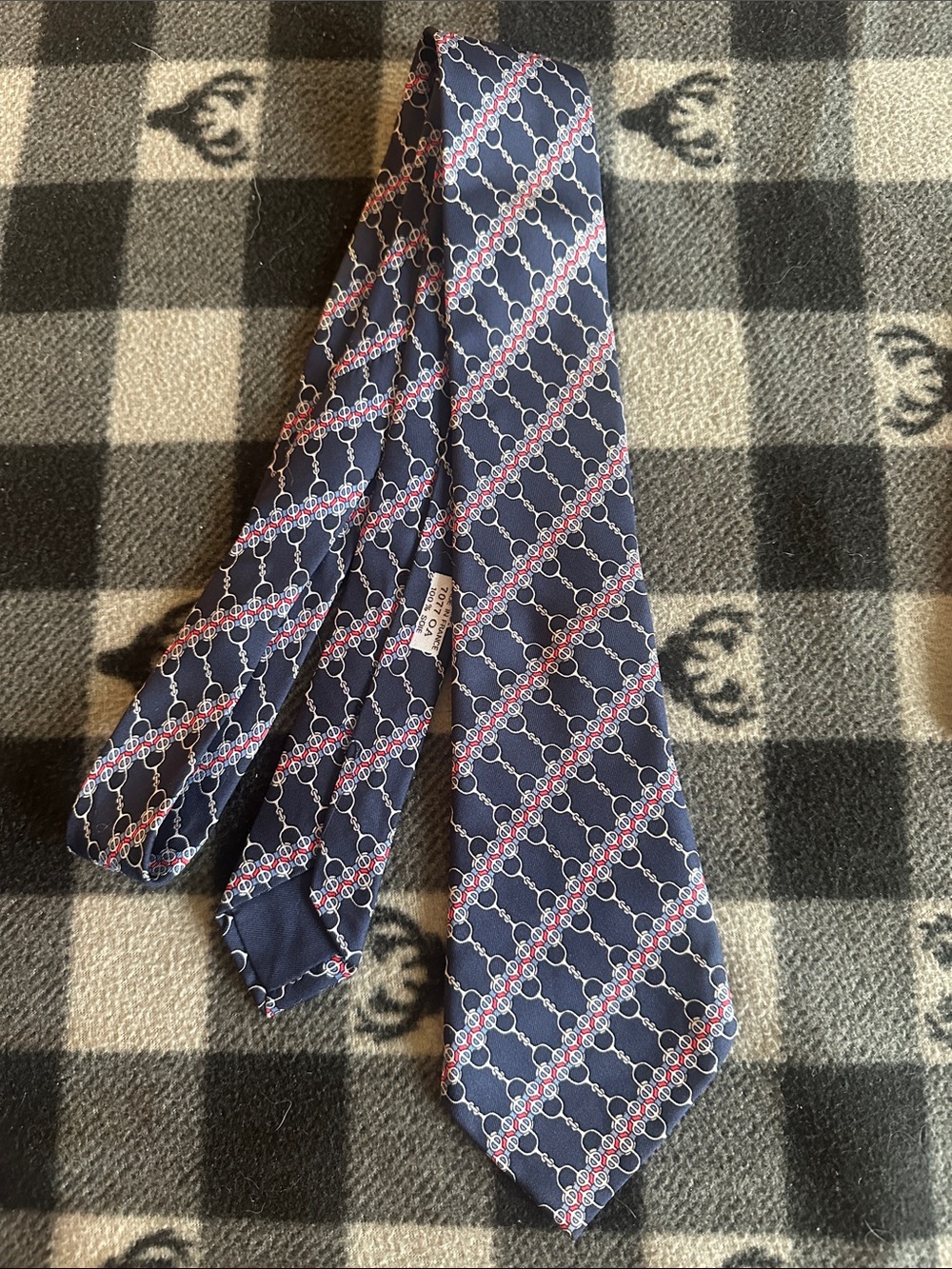 Hermes Navy Silk Tie with Red and White Chain Motif